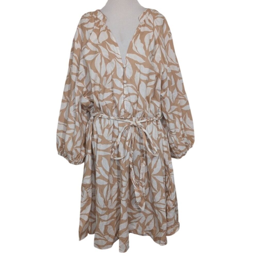Torrid Peasant Skater Mini Dress Womens Plus Size 4X Beige V Neck Waist Tie